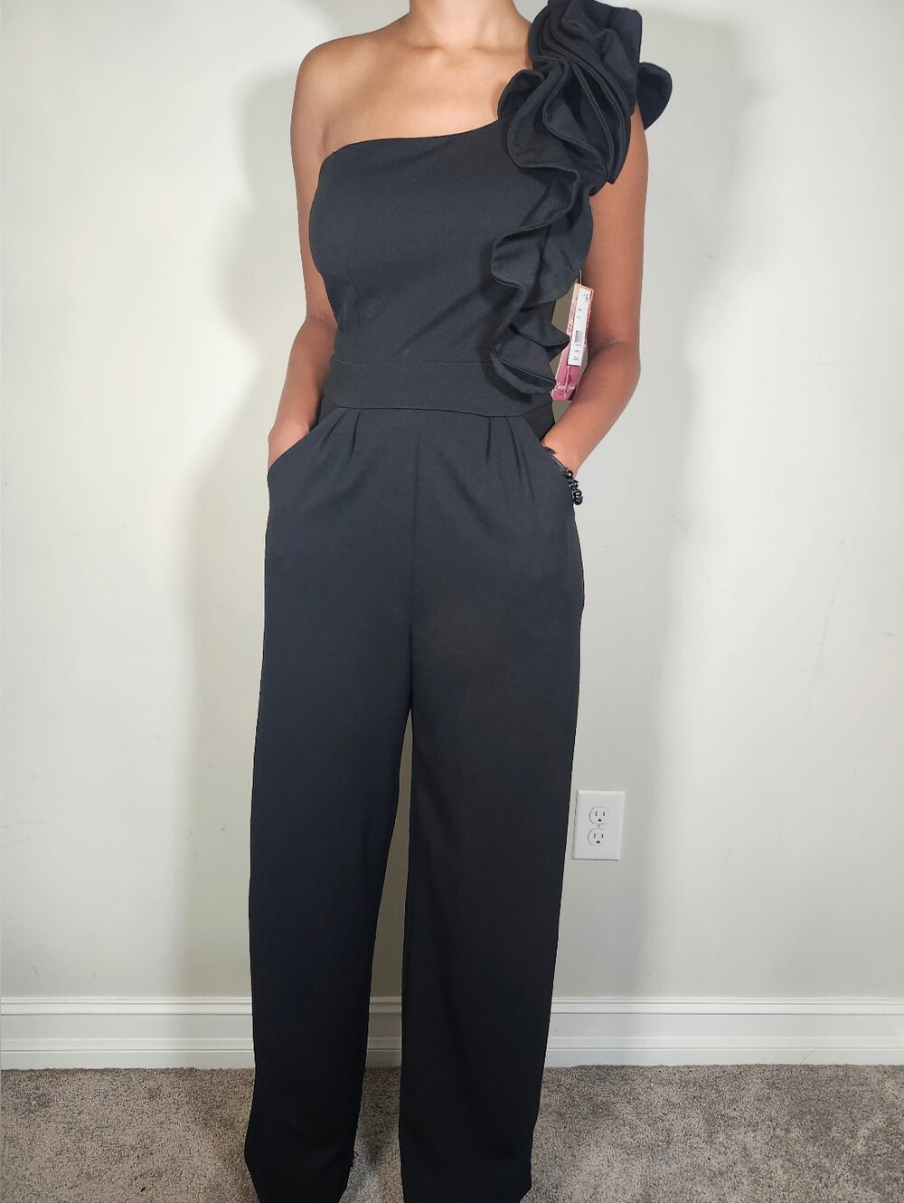 Emerald Sundae 1-Shoulder Black Ruffle Detail Zip Pocket Formal Jumpsuit S L NWT